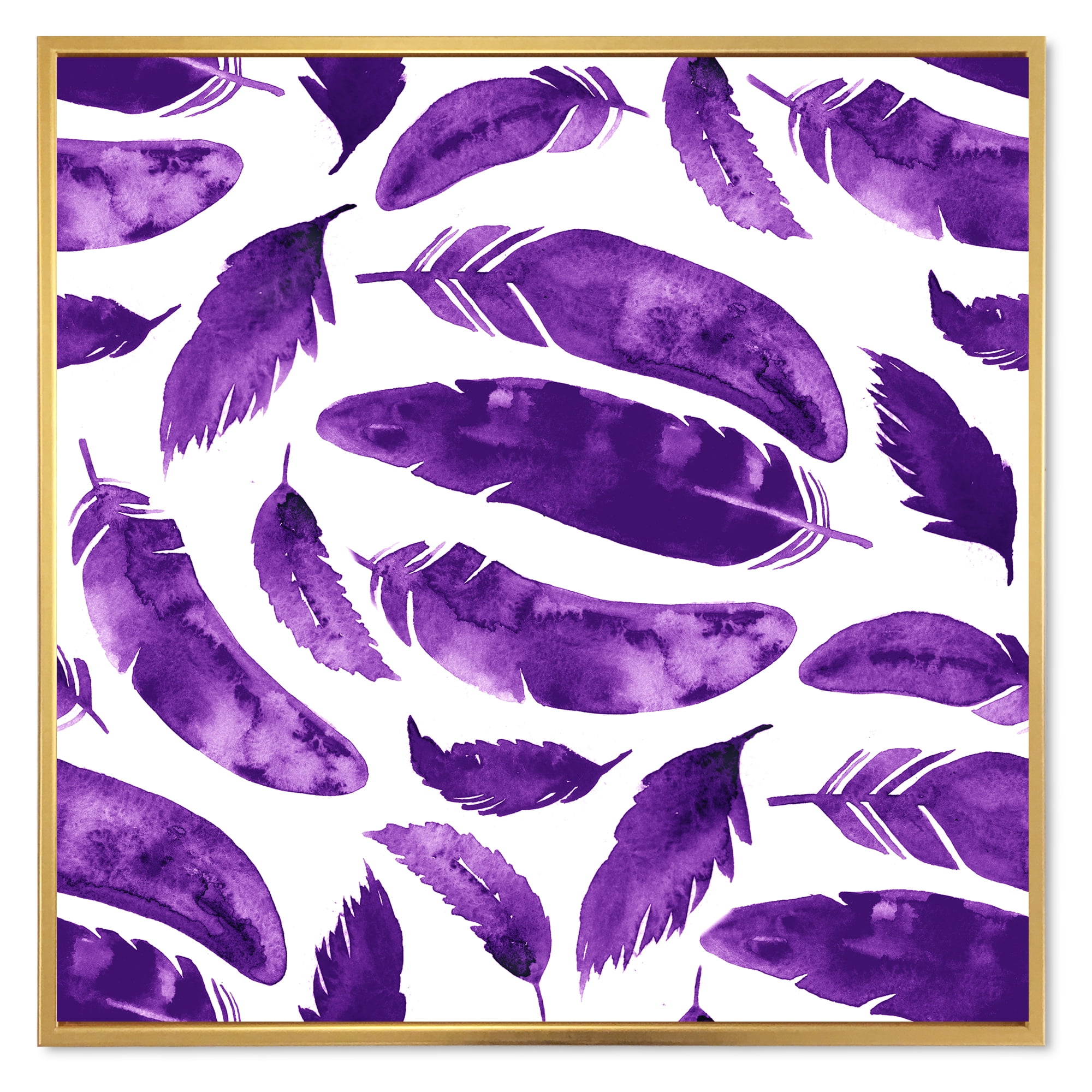 Designart 'Ethnic VIolet Feathers On White' Bohemian & Eclectic Framed Canvas Wall Art Print