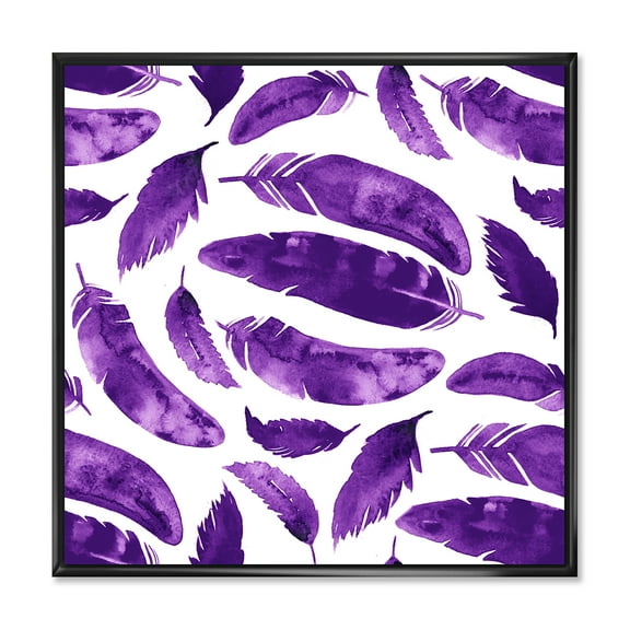 Designart 'Ethnic VIolet Feathers On White' Bohemian & Eclectic Framed Canvas Wall Art Print