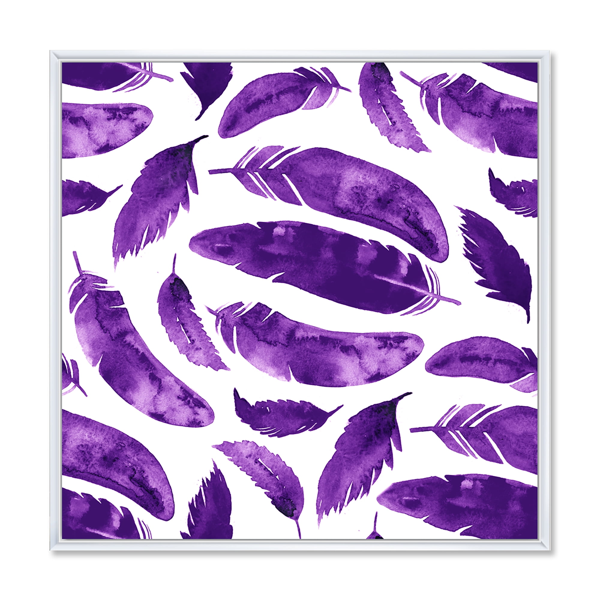 Designart 'Ethnic VIolet Feathers On White' Bohemian & Eclectic Framed Canvas Wall Art Print