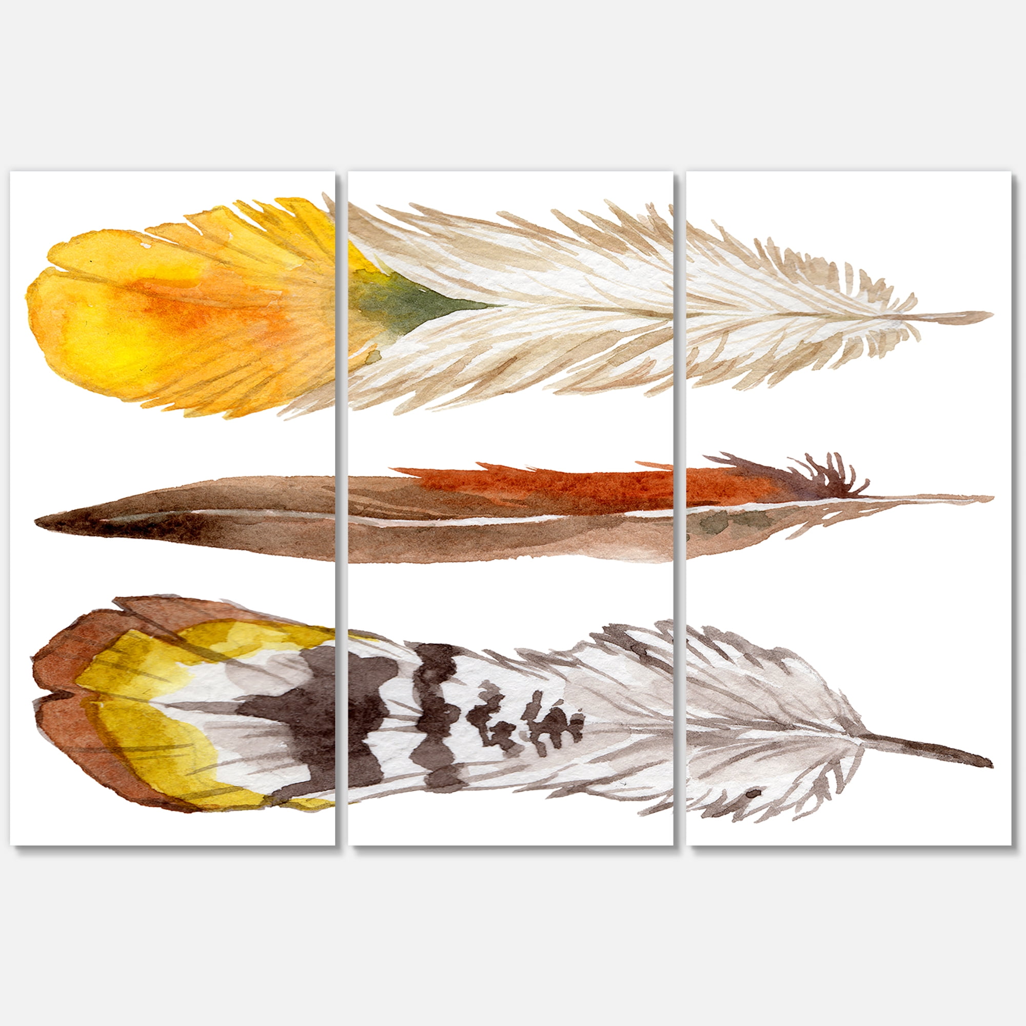 Designart ' Ethnic Yellow Feather From Wing On White ' Bohemian & Eclectic Canvas Wall Art Print