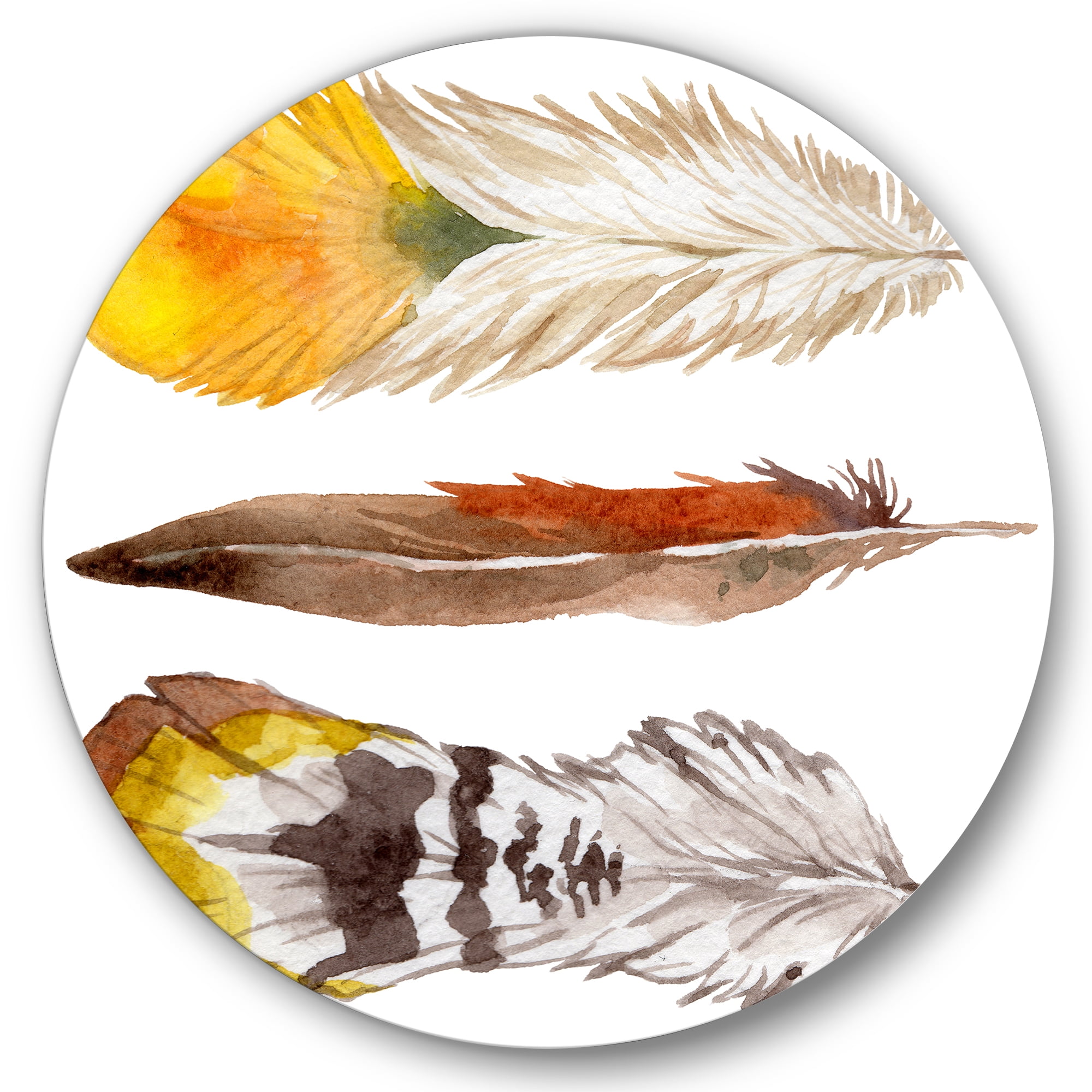 Designart 'Ethnic Yellow Feather From Wing On White' Bohemian & Eclectic Circle Metal Wall Art 23x23 - Disc of 23