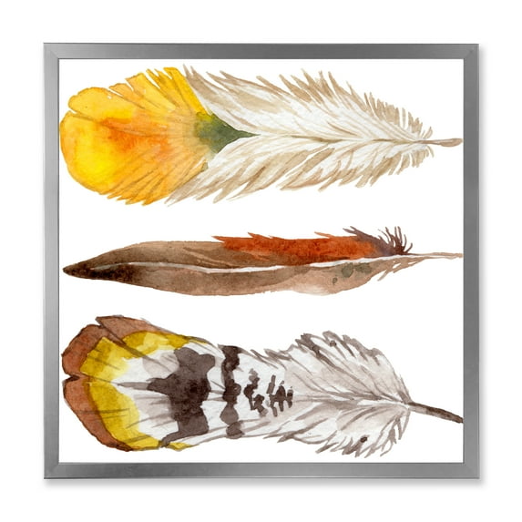 Designart 'Ethnic Yellow Feather From Wing On White' Bohemian & Eclectic Framed Art Print
