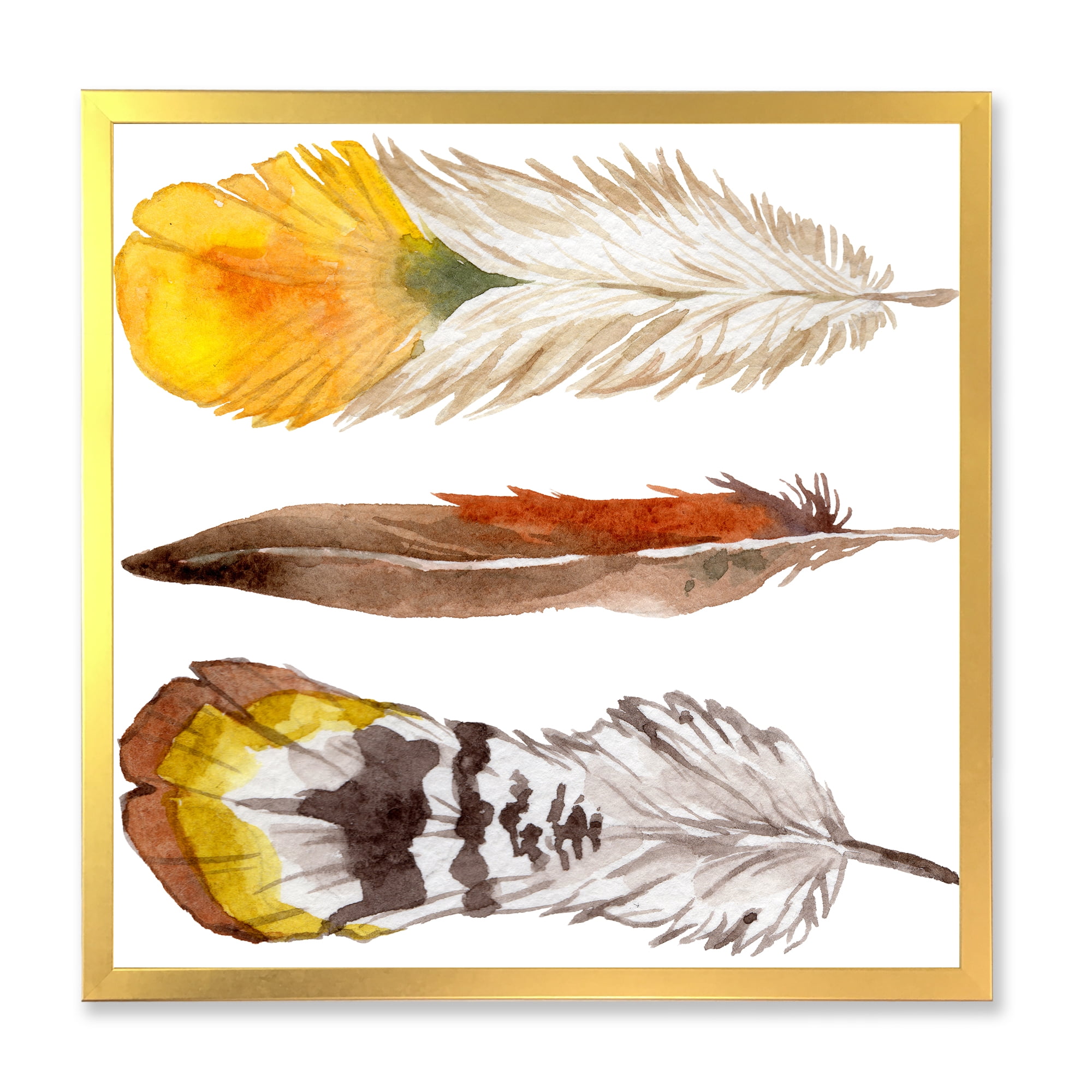 Designart 'Ethnic Yellow Feather From Wing On White' Bohemian & Eclectic Framed Art Print