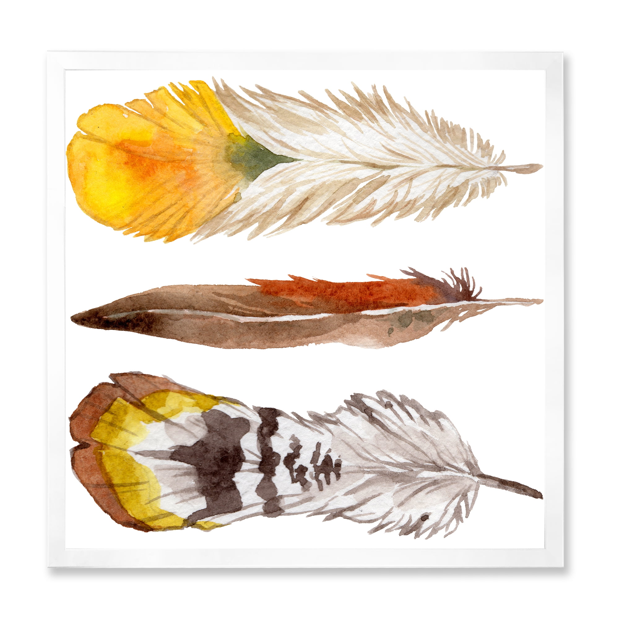 Designart 'Ethnic Yellow Feather From Wing On White' Bohemian & Eclectic Framed Art Print