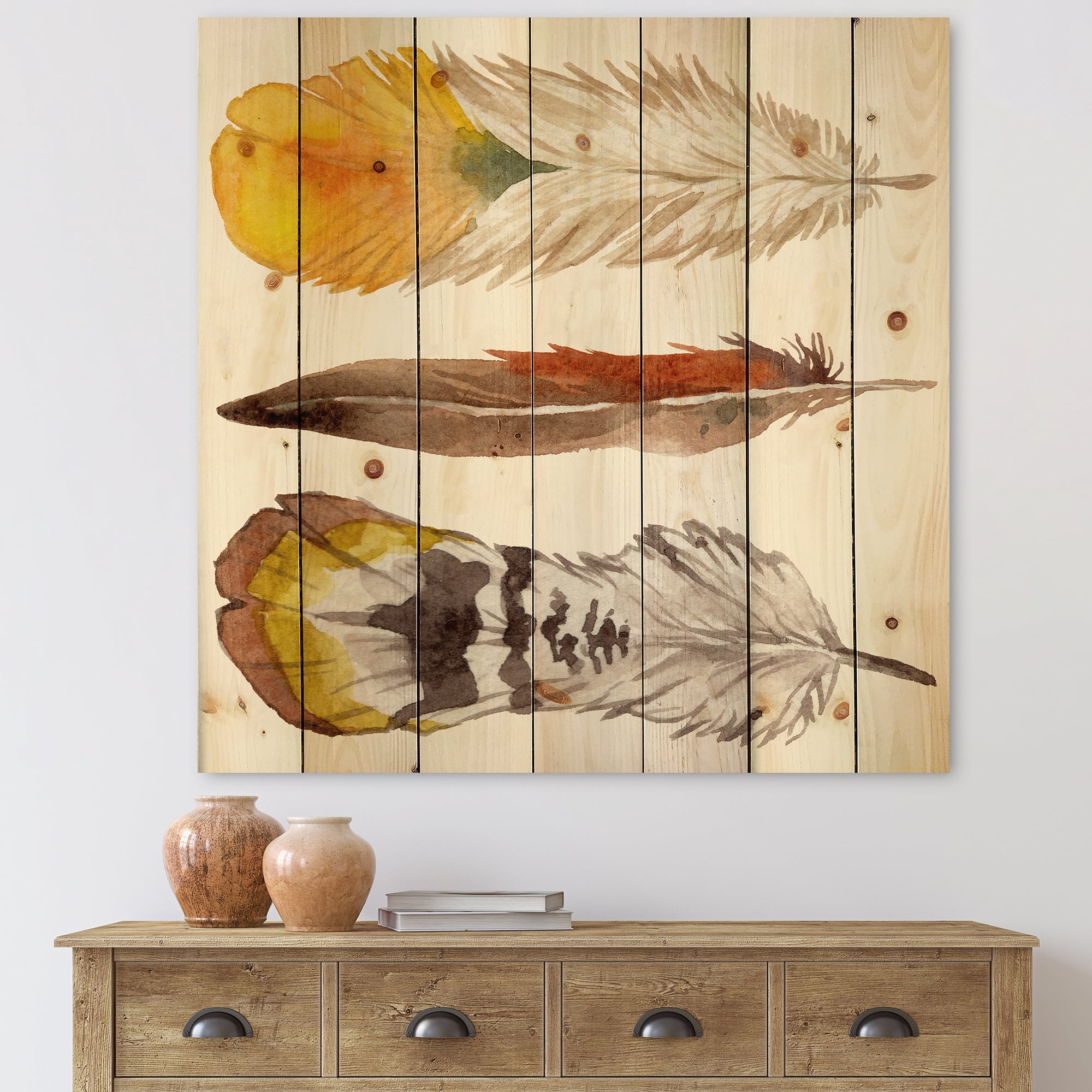 Designart 'Ethnic Yellow Feather From Wing On White' Bohemian & Eclectic Print on Natural Pine Wood