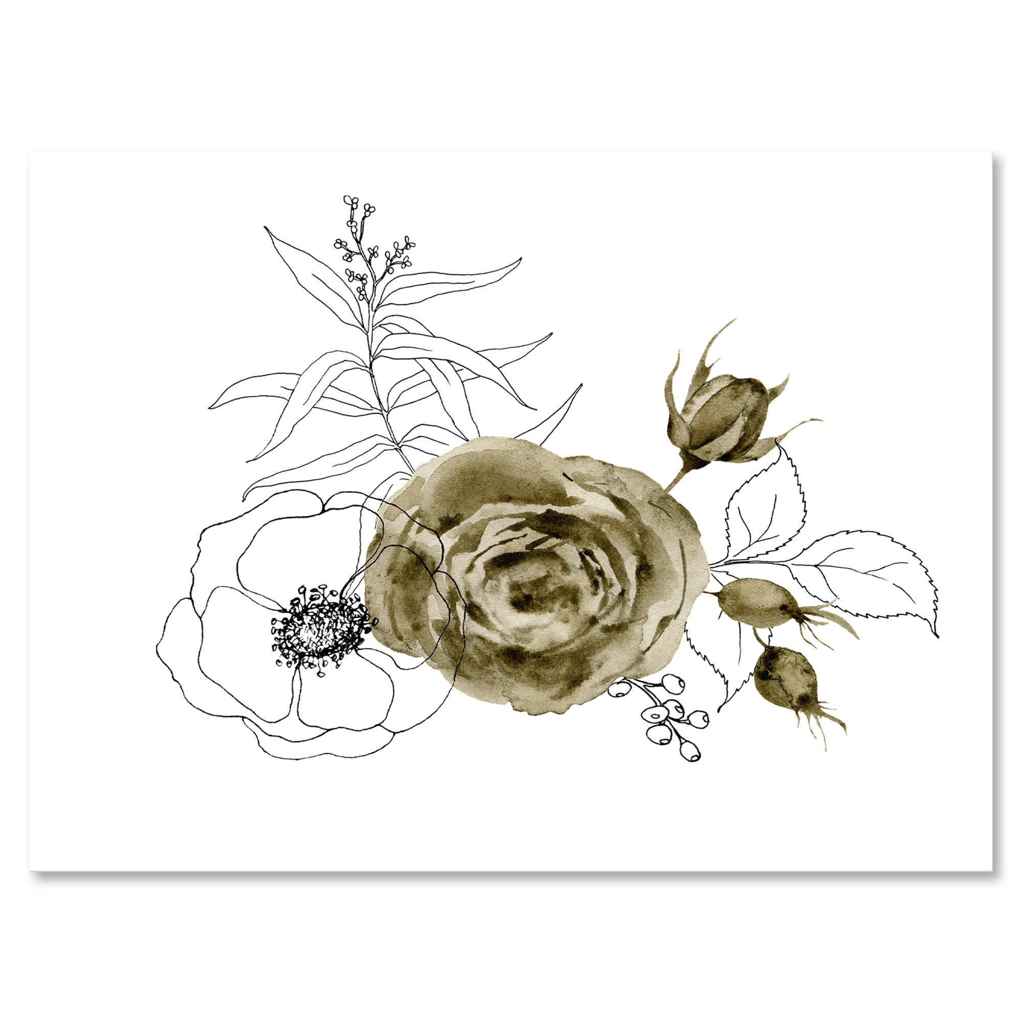 Designart ' Eucalyptus Branches With Anemone Bouquet Flower I ' Traditional Canvas Wall Art Print