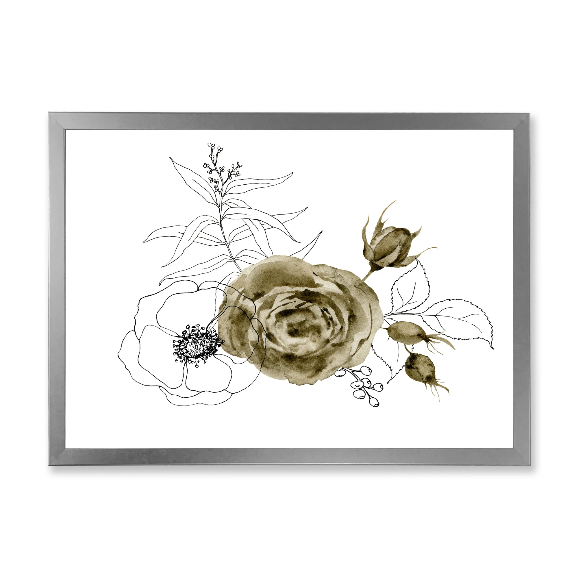 Designart 'Eucalyptus Branches With Anemone Bouquet Flower I' Traditional Framed Art Print