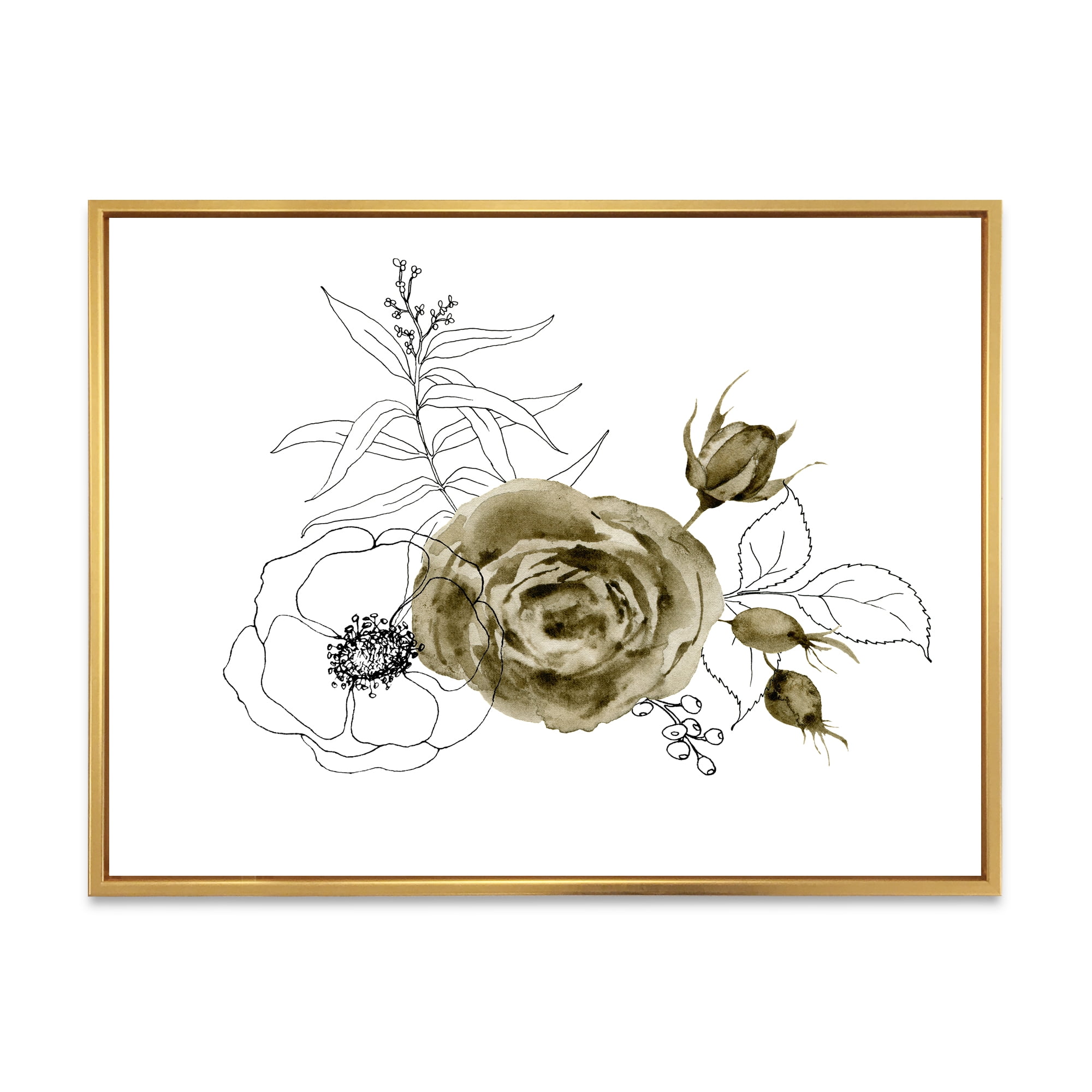 Designart 'Eucalyptus Branches With Anemone Bouquet Flower I' Traditional Framed Canvas Wall Art Print