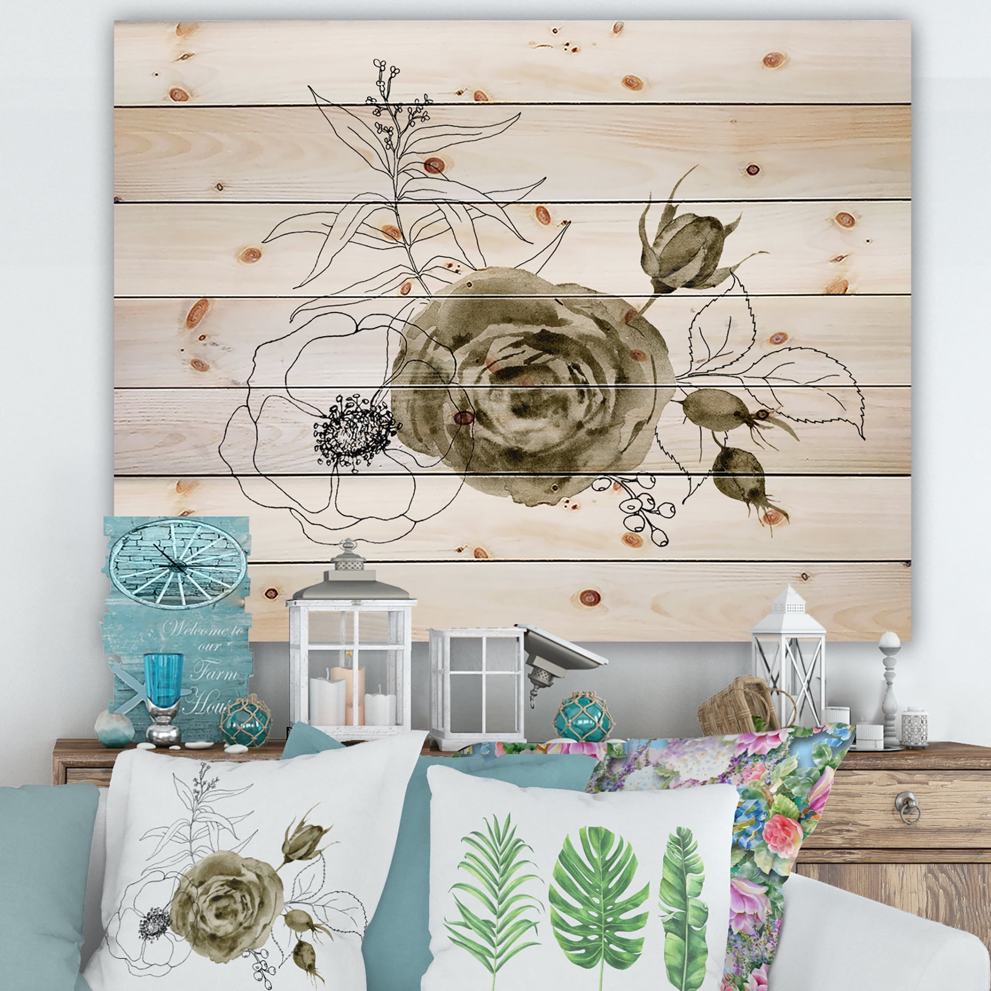 Designart 'Eucalyptus Branches With Anemone Bouquet Flower I' Traditional Print on Natural Pine Wood
