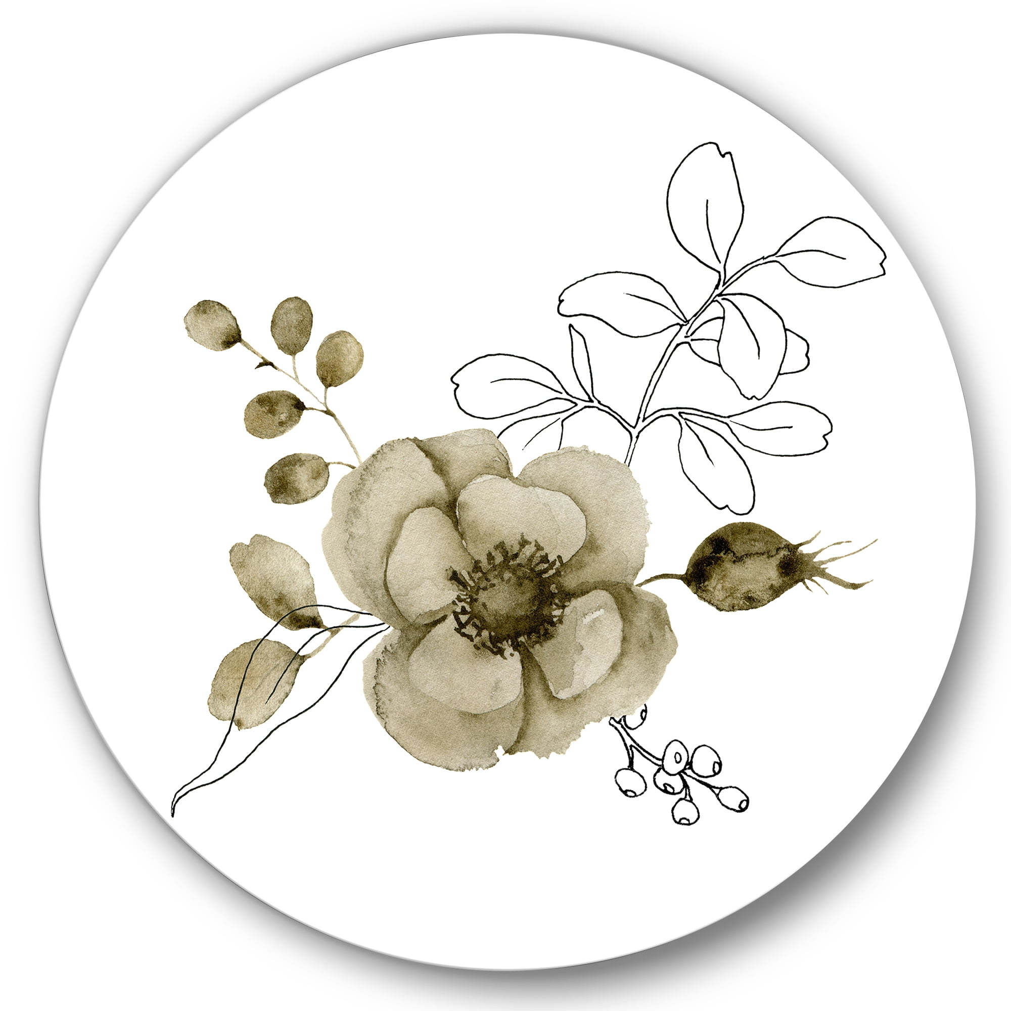 Designart 'Eucalyptus Branches With Anemone Bouquet Flower II' Traditional Circle Metal Wall Art 23x23 - Disc of 23