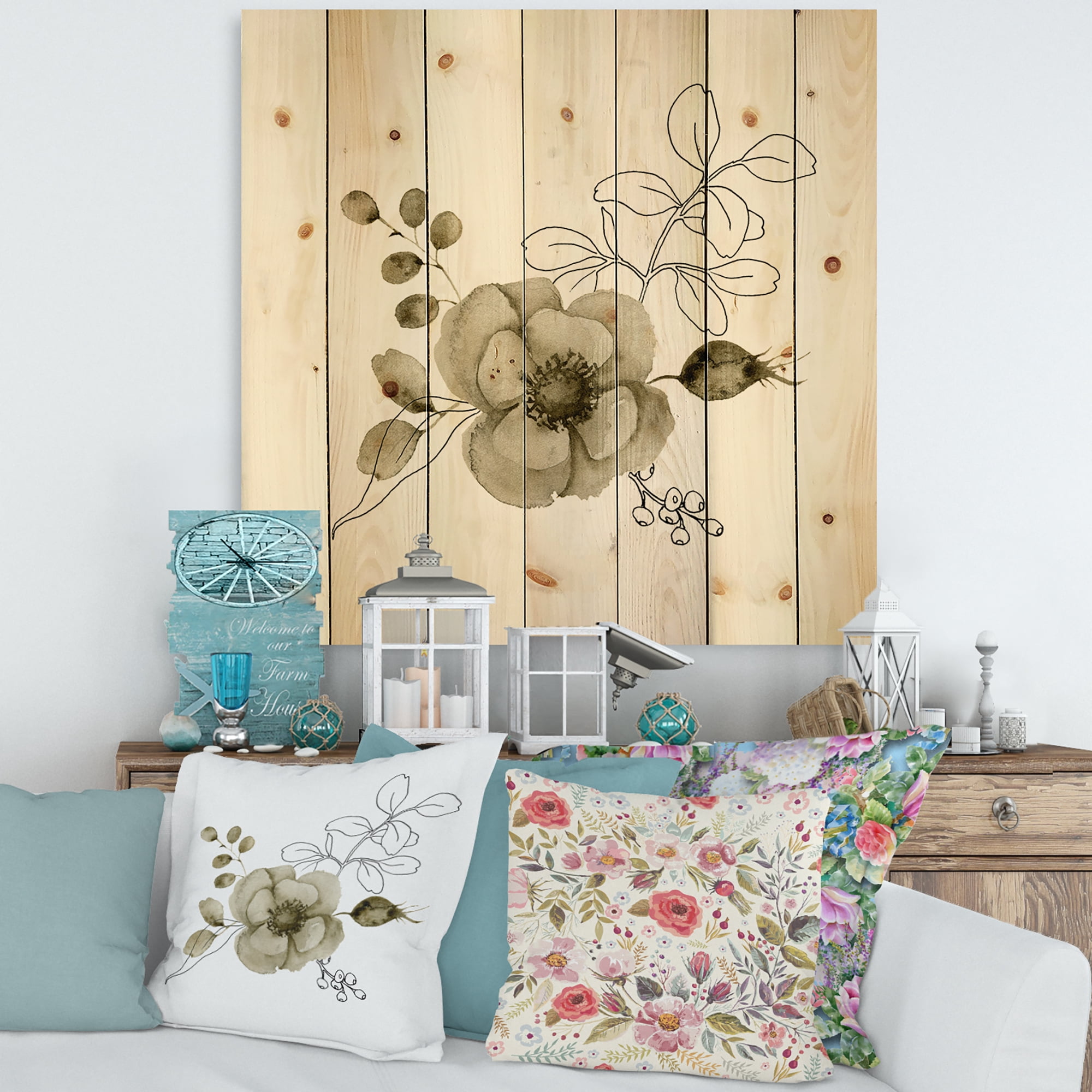 Designart 'Eucalyptus Branches With Anemone Bouquet Flower II' Traditional Print on Natural Pine Wood