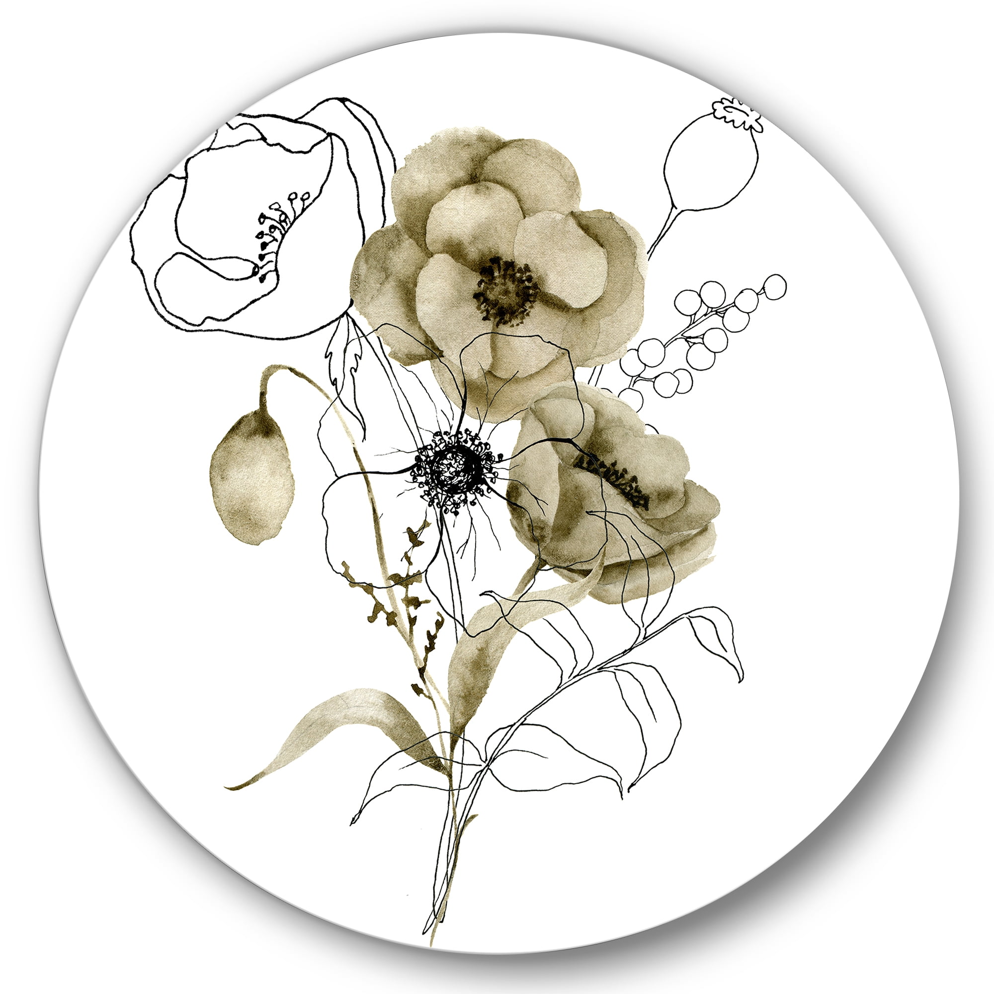 Designart 'Eucalyptus Branches With Anemone Bouquet Flower' Traditional Circle Metal Wall Art 23x23 - Disc of 23