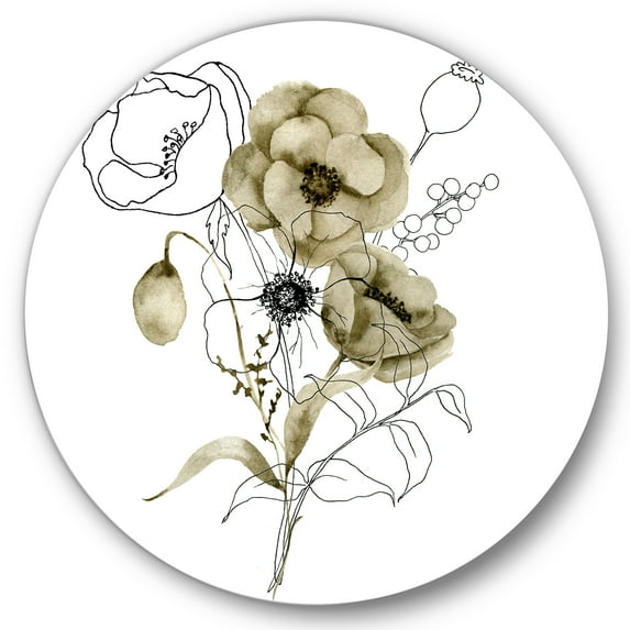 Designart 'Eucalyptus Branches With Anemone Bouquet Flower' Traditional Circle Metal Wall Art 29x29 - Disc of 29