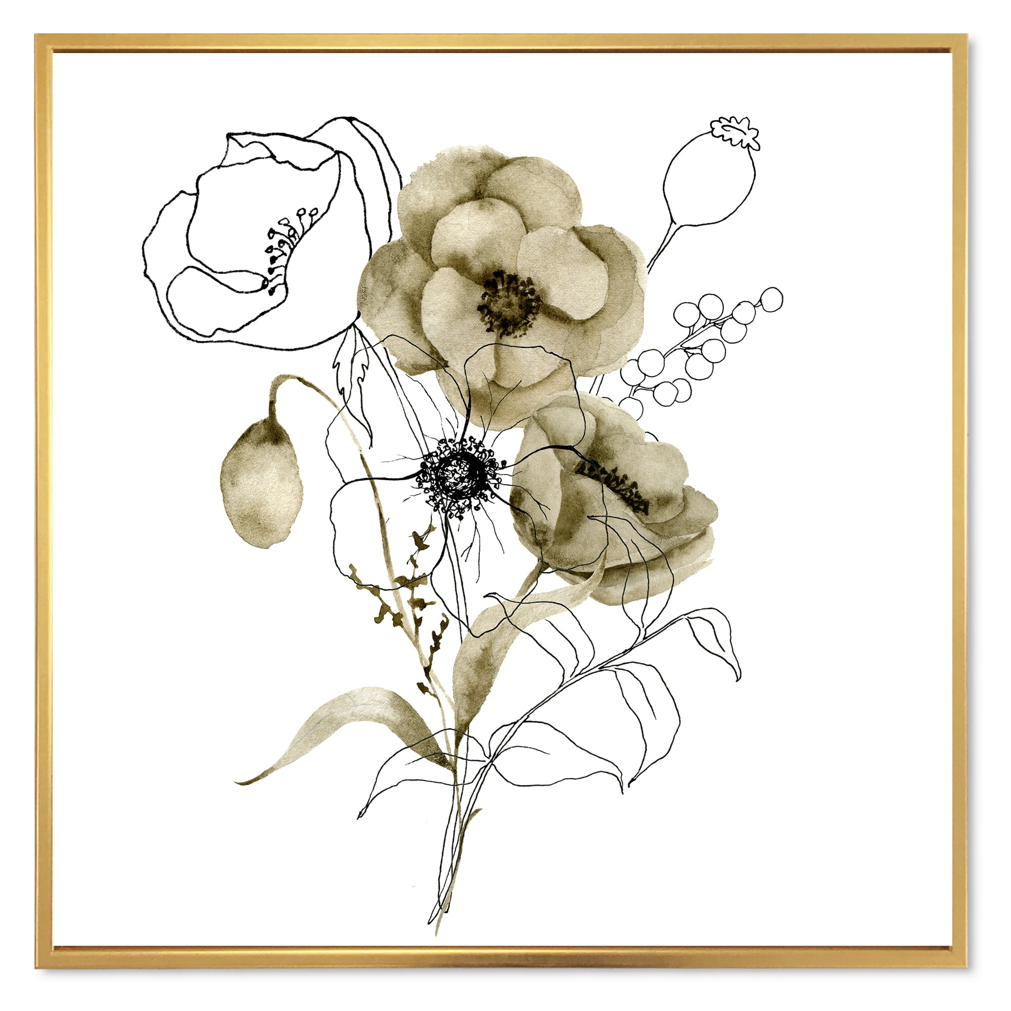 Designart 'Eucalyptus Branches With Anemone Bouquet Flower' Traditional Framed Canvas Wall Art Print