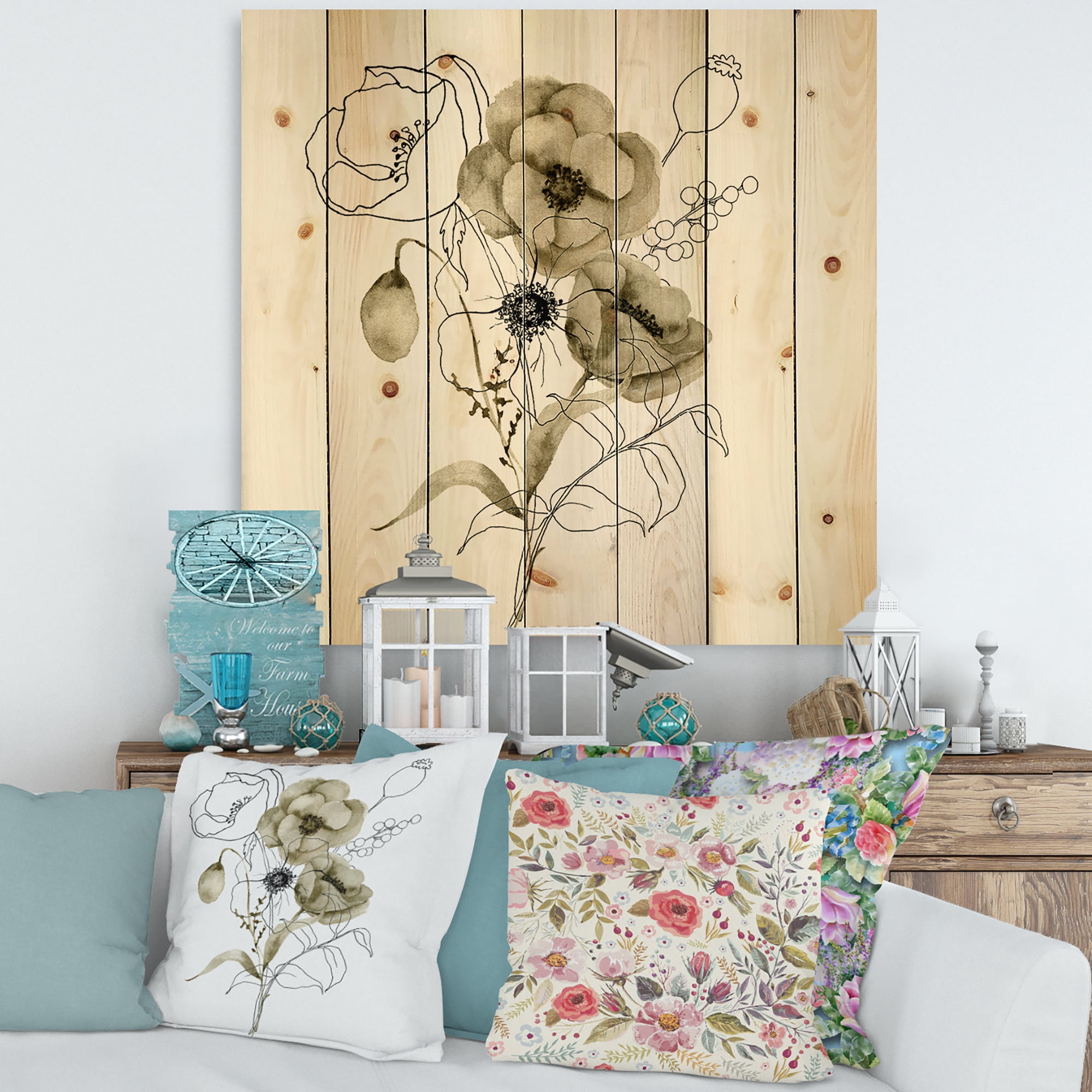 Designart 'Eucalyptus Branches With Anemone Bouquet Flower' Traditional Print on Natural Pine Wood