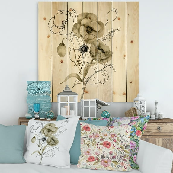 Designart 'Eucalyptus Branches With Anemone Bouquet Flower' Traditional Print on Natural Pine Wood