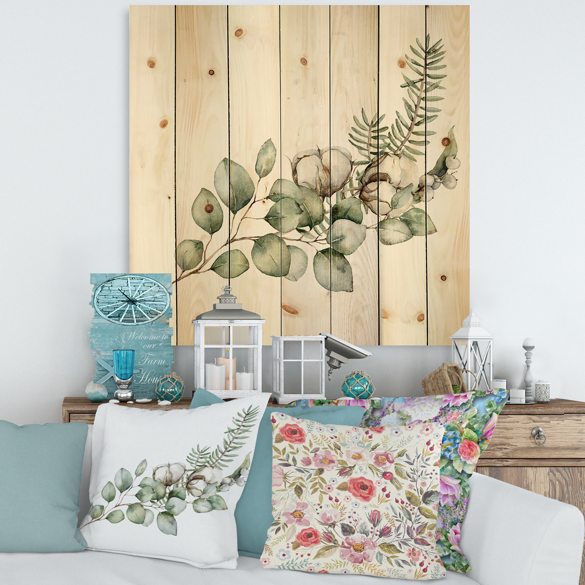 Designart 'Eucalyptus Branches With Christmas Bouquet' Traditional Print on Natural Pine Wood