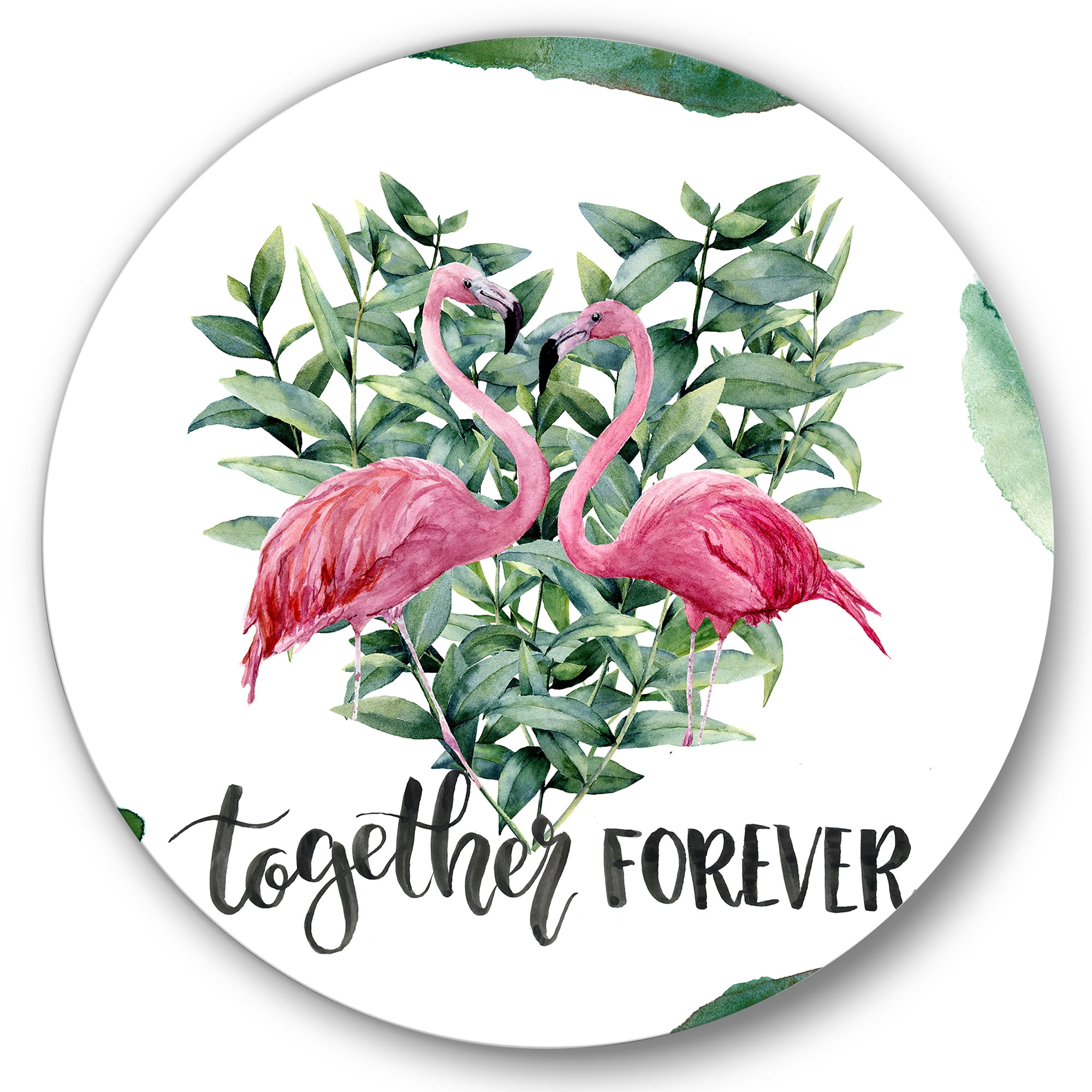 Designart 'Eucalyptus Leaves With Flamingo Floral Heart' Traditional Circle Metal Wall Art 11x11 - Disc of 11