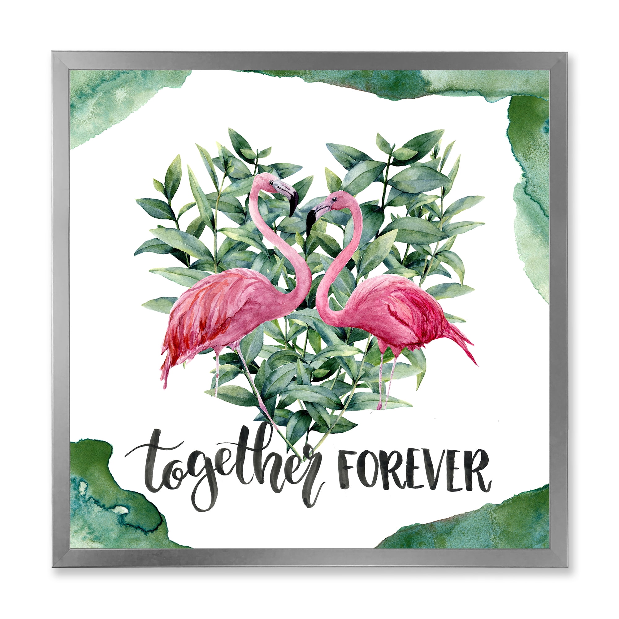 Designart 'Eucalyptus Leaves With Flamingo Floral Heart' Traditional Framed Art Print