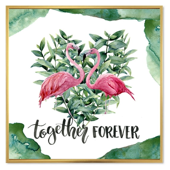 Designart 'Eucalyptus Leaves With Flamingo Floral Heart' Traditional Framed Canvas Wall Art Print