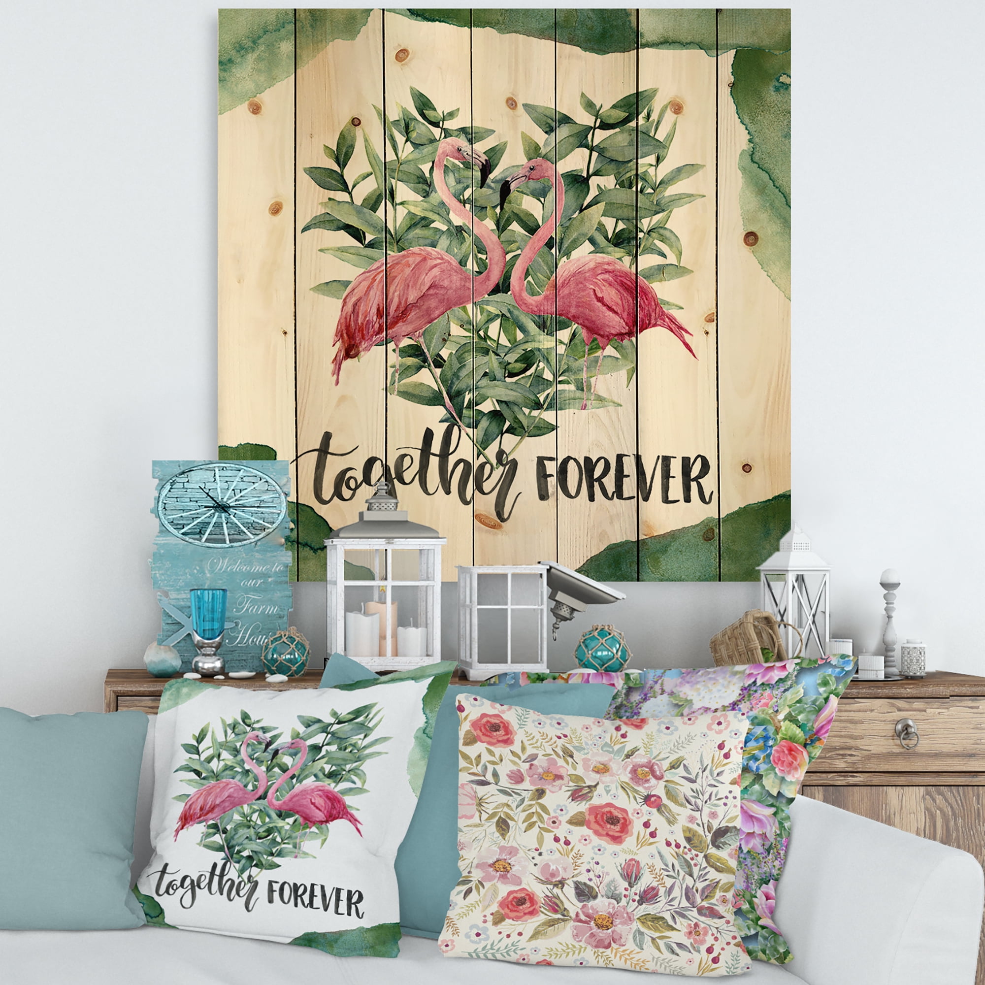 Designart 'Eucalyptus Leaves With Flamingo Floral Heart' Traditional Print on Natural Pine Wood