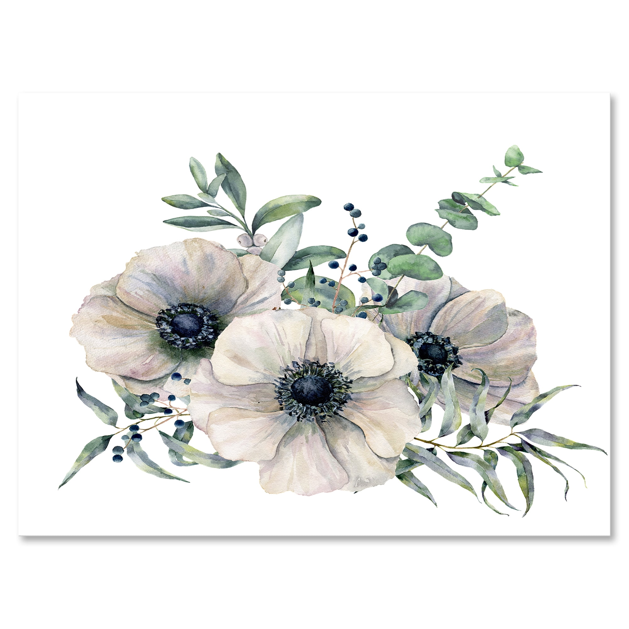 Designart ' Eucalyptus Leaves With White Anemone Bouquet ' Traditional Canvas Wall Art Print