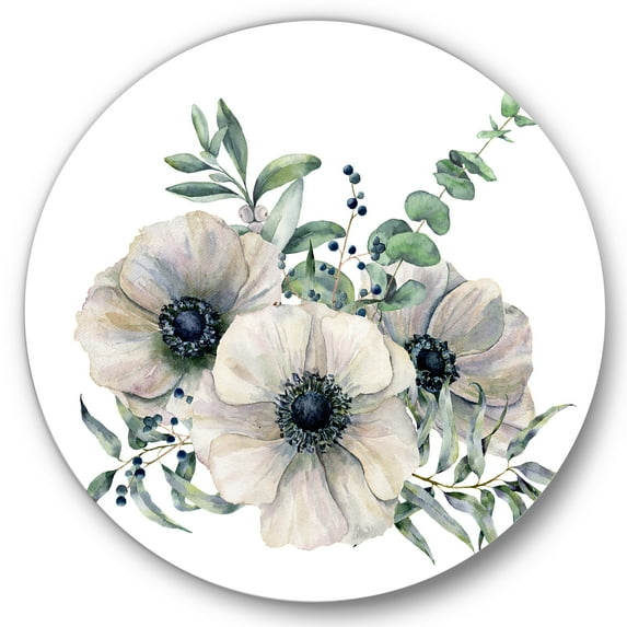 Designart 'Eucalyptus Leaves With White Anemone Bouquet' Traditional Circle Metal Wall Art 29x29 - Disc of 29