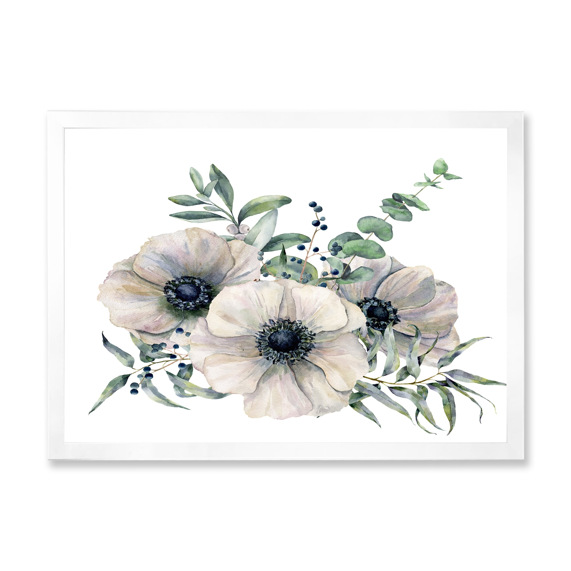 Designart 'Eucalyptus Leaves With White Anemone Bouquet' Traditional Framed Art Print
