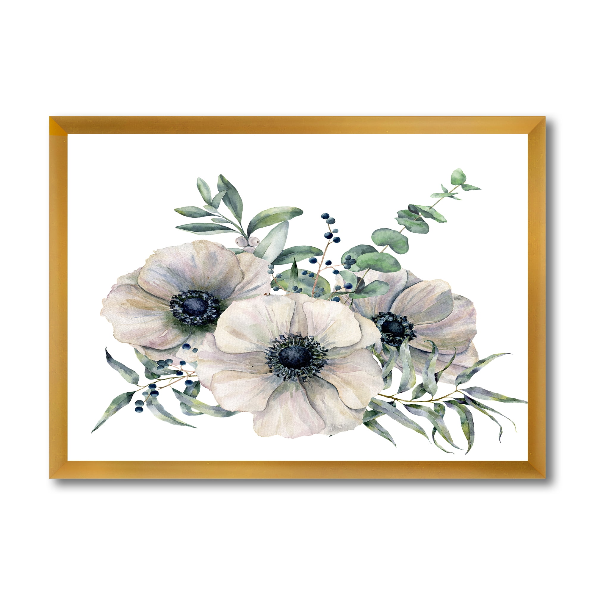 Designart 'Eucalyptus Leaves With White Anemone Bouquet' Traditional Framed Art Print