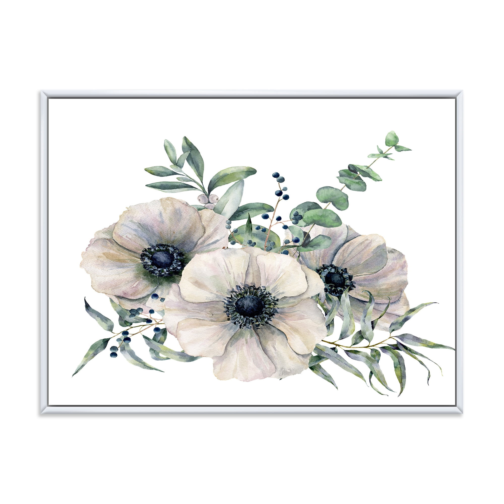 Designart 'Eucalyptus Leaves With White Anemone Bouquet' Traditional Framed Canvas Wall Art Print