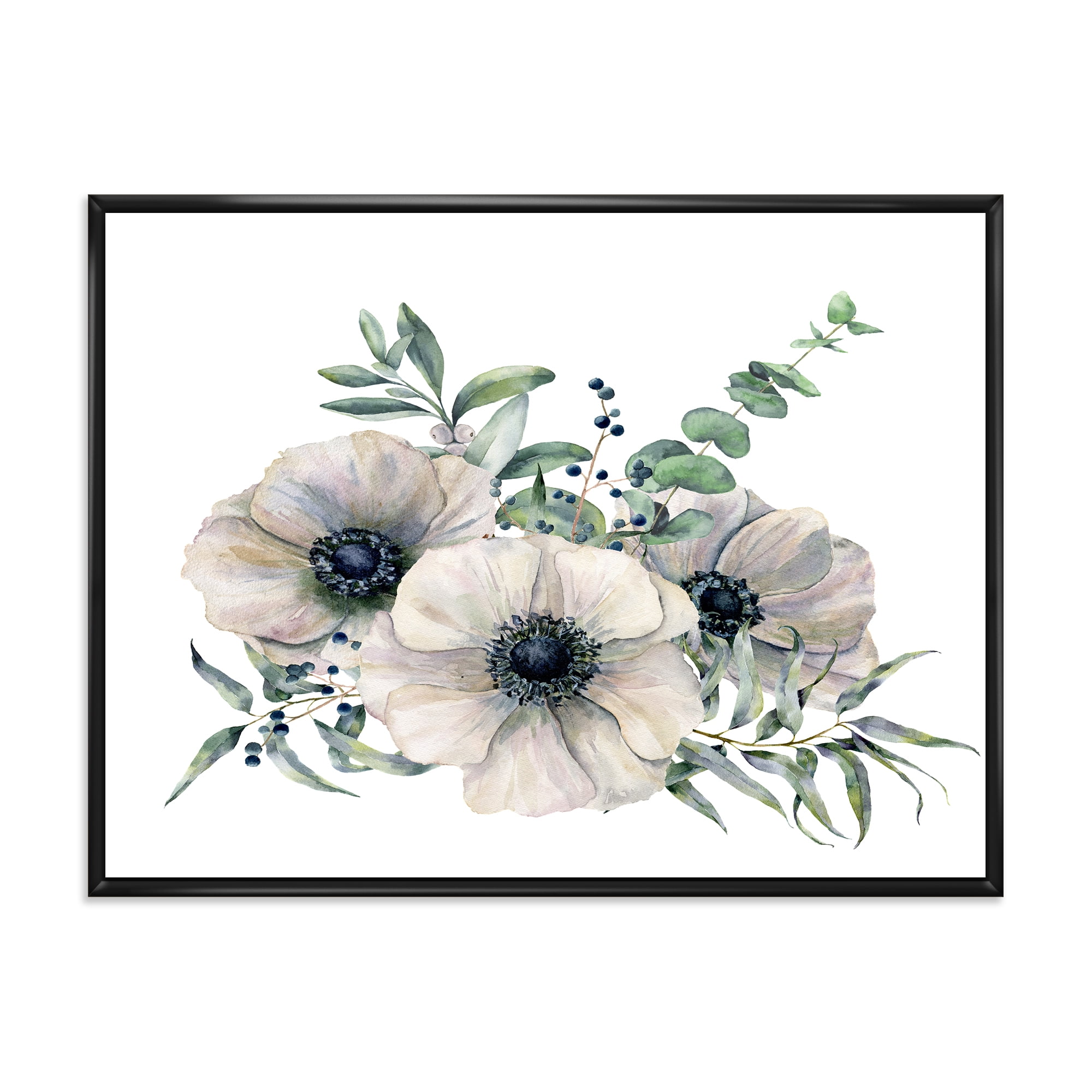Designart 'Eucalyptus Leaves With White Anemone Bouquet' Traditional Framed Canvas Wall Art Print