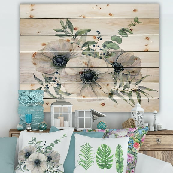 Designart 'Eucalyptus Leaves With White Anemone Bouquet' Traditional Print on Natural Pine Wood