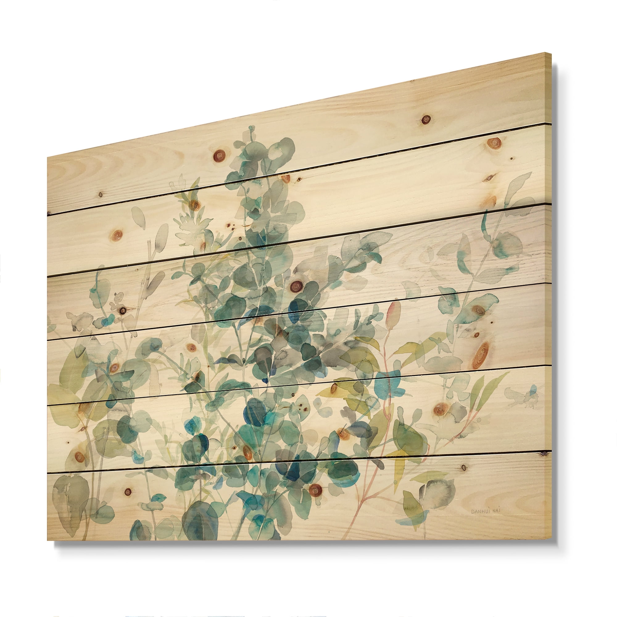 Designart 'Eucalyptus Natural Element On White' Farmhouse Print on Natural Pine Wood
