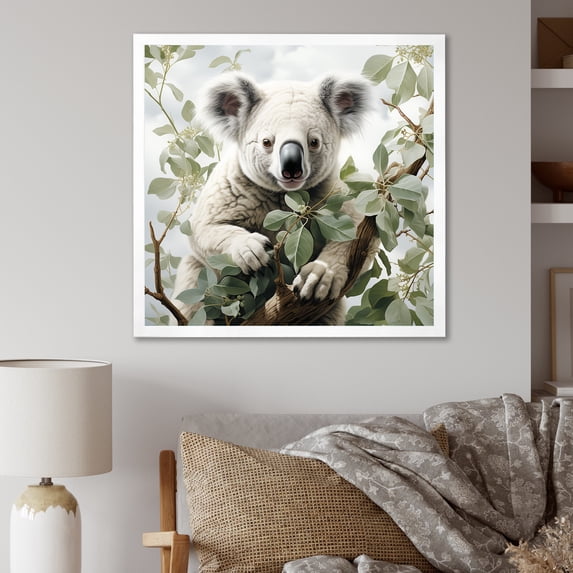 Designart "Eucalyptus Tree Haven Home of the Koalas I" Animals Framed Wall Art Decor - Modern Green Koala Bedroom Framed Canvas Wall Art