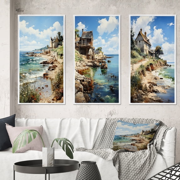 Designart "Eugene s Reverie Normandy Coast IV" Nautical & Beach Framed Wall Art Set Of 3 - Beige France Frame Gallery Set For Office Decor
