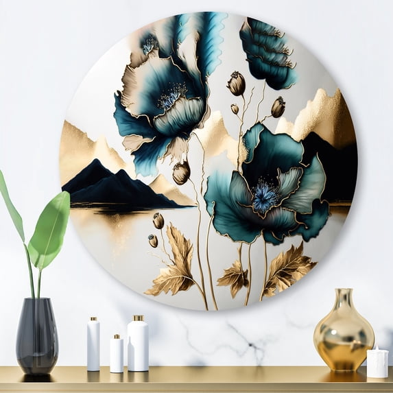Designart "Euphoric Poppy Floral in Gold and Blue" Floral Poppy Metal Round Wall Decor