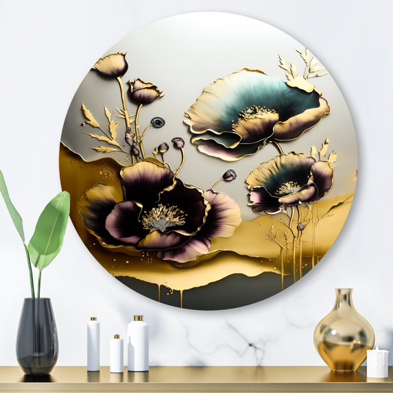 Designart "Euphoric Poppy Floral in Gold and Purple" Floral Poppy Metal Round Art Print