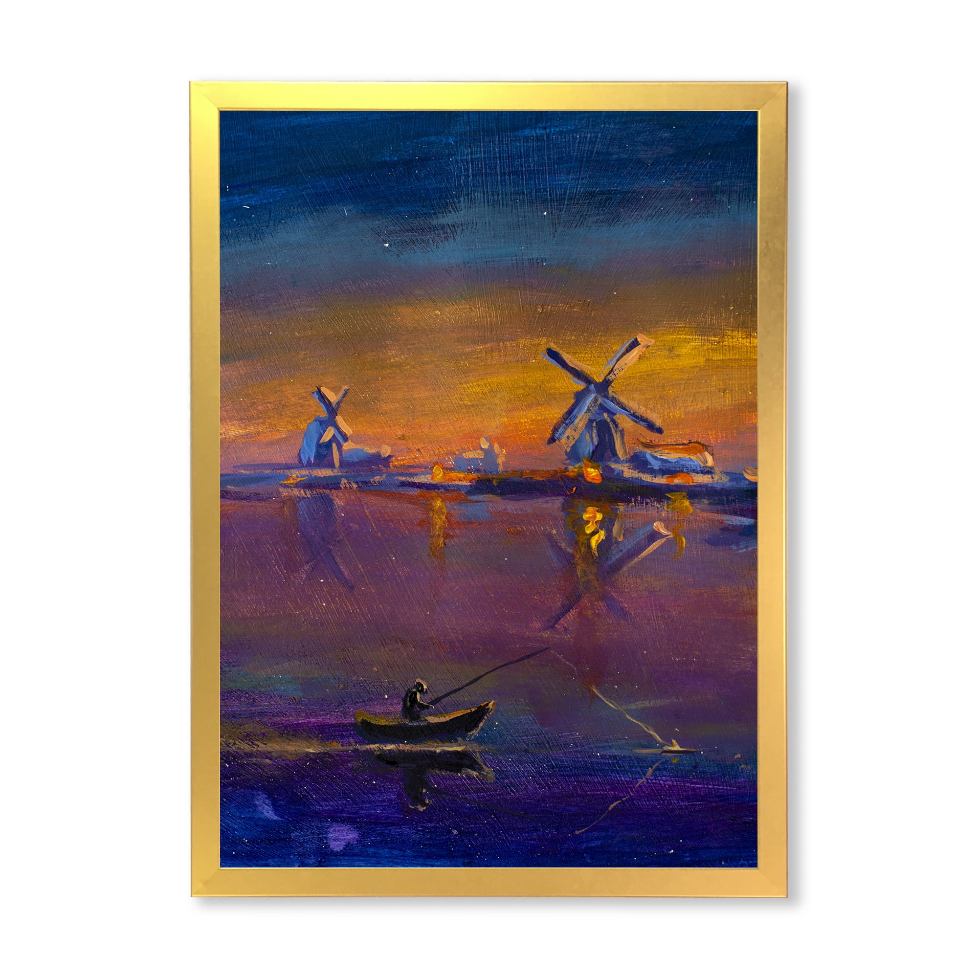 Designart 'Evening Fishing Near The Traditional Windmill' Nautical & Coastal Framed Art Print