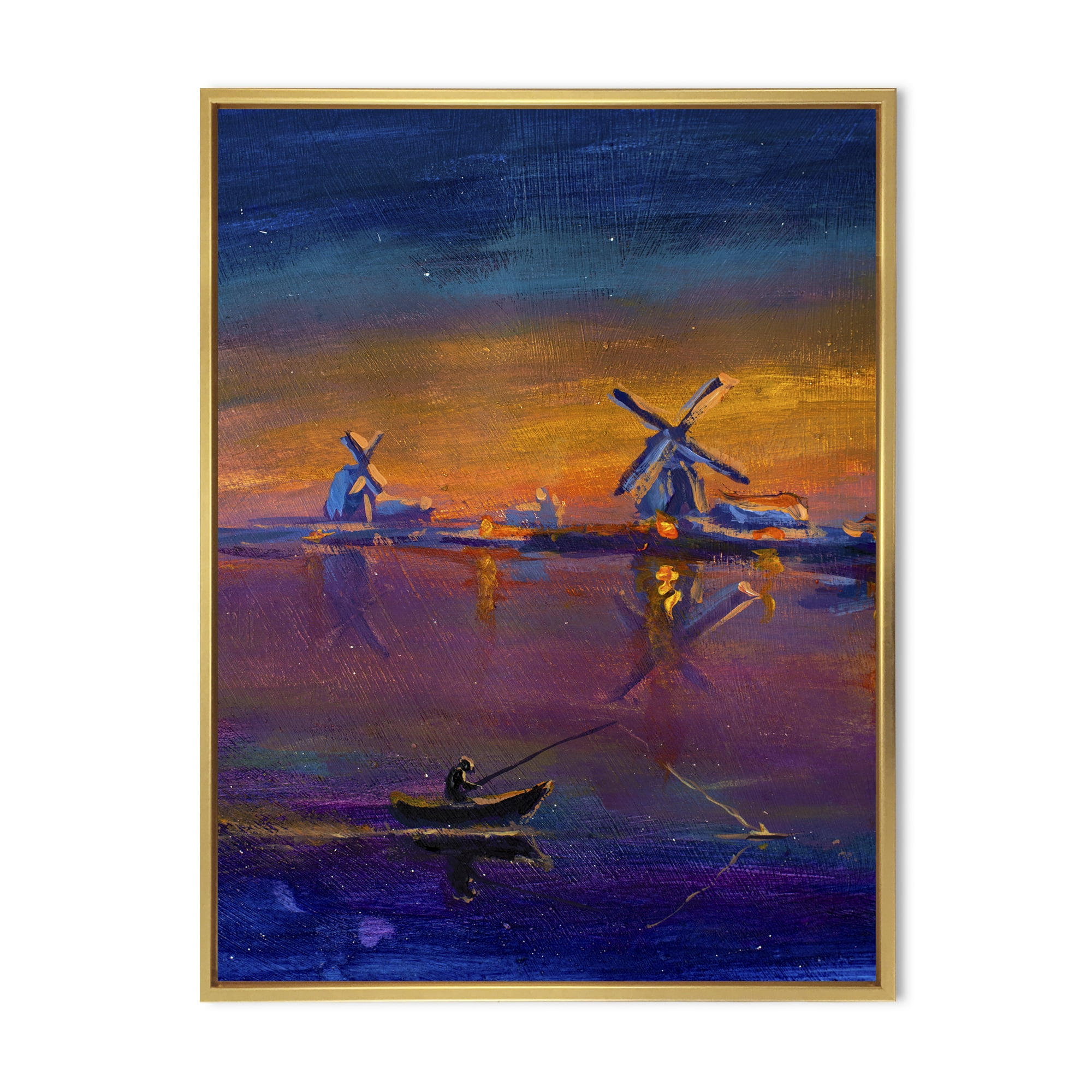 Designart 'Evening Fishing Near The Traditional Windmill' Nautical & Coastal Framed Canvas Wall Art Print