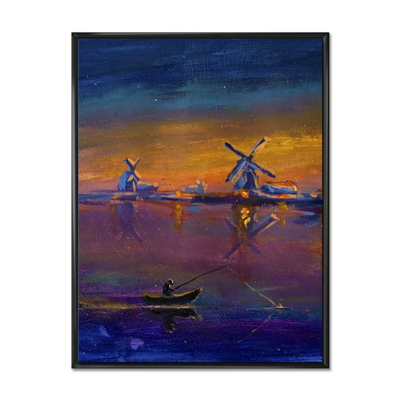 Designart 'Evening Fishing Near The Traditional Windmill' Nautical & Coastal Framed Canvas Wall Art Print