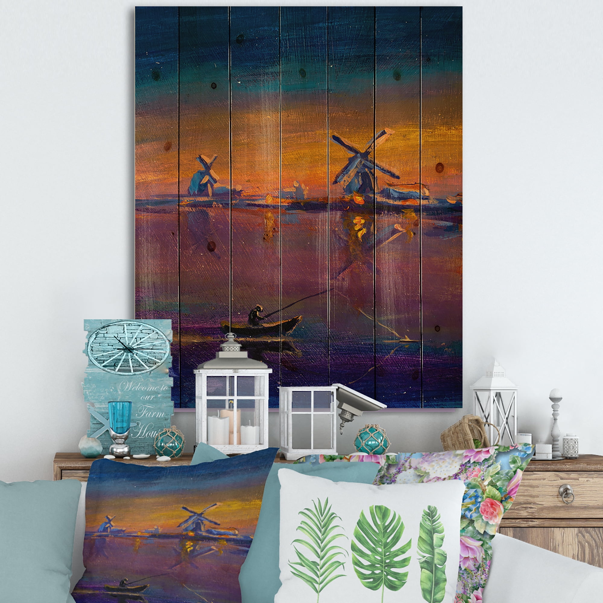 Designart 'Evening Fishing Near The Traditional Windmill' Nautical & Coastal Print on Natural Pine Wood