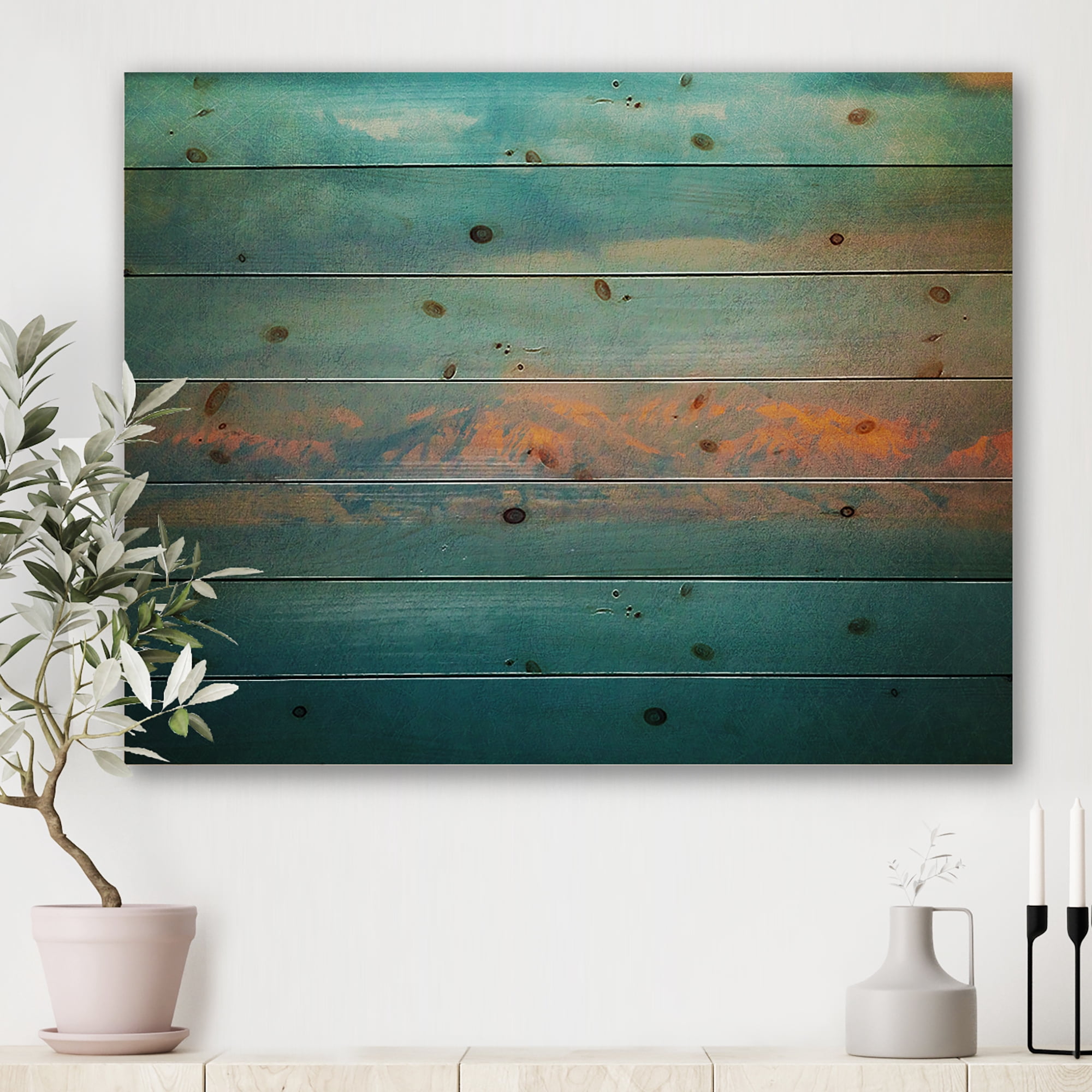 Designart 'Evening Glowing Mountains Over Sea Textured Vintage Image' Modern Print on Natural Pine Wood