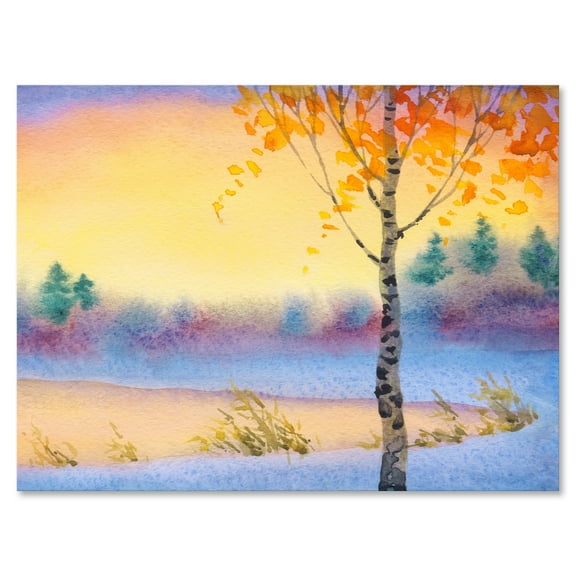 Designart ' Evening Sky Over Lake Winter Landscape ' Traditional Canvas Wall Art Print