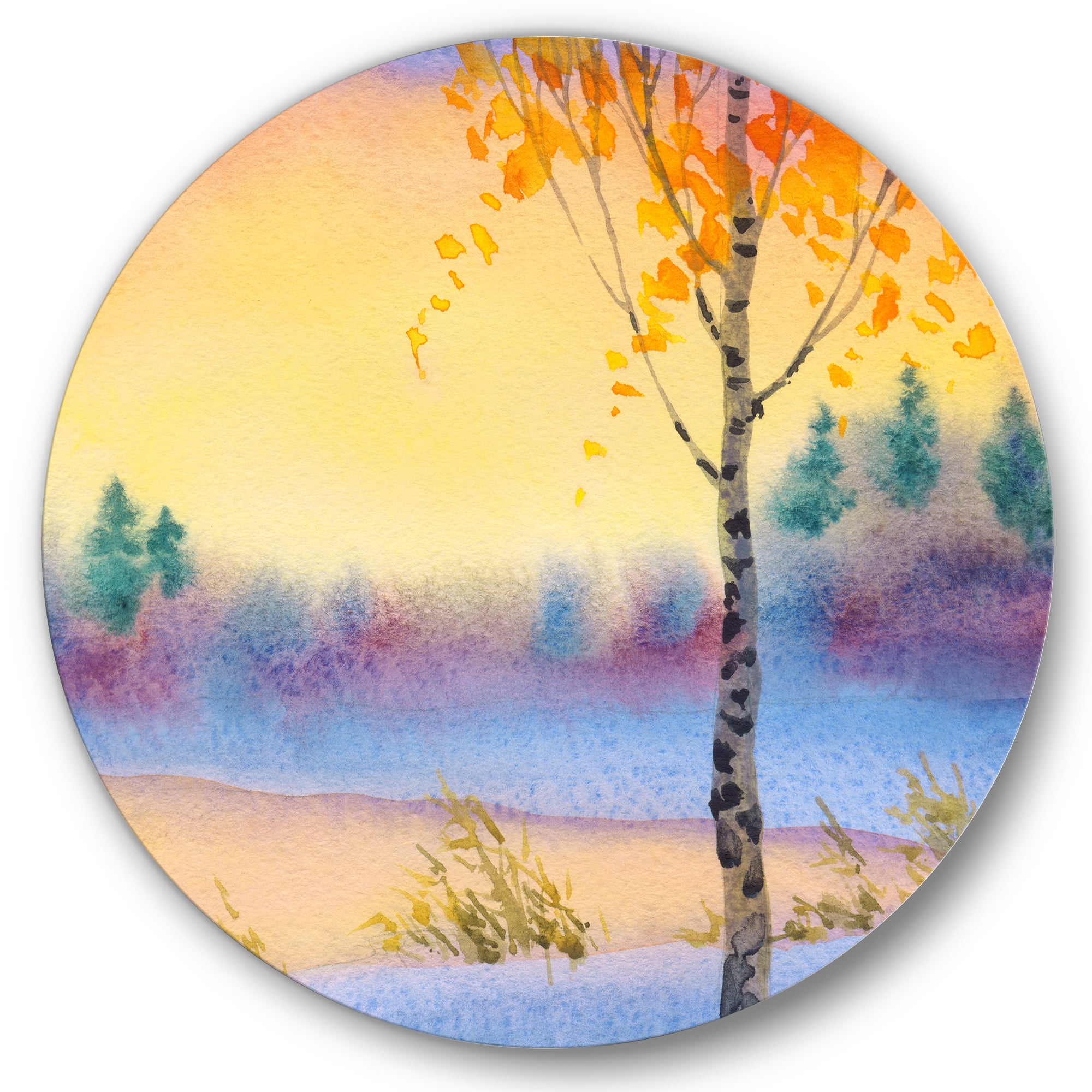 Designart 'Evening Sky Over Lake Winter Landscape' Traditional Circle Metal Wall Art 29x29 - Disc of 29