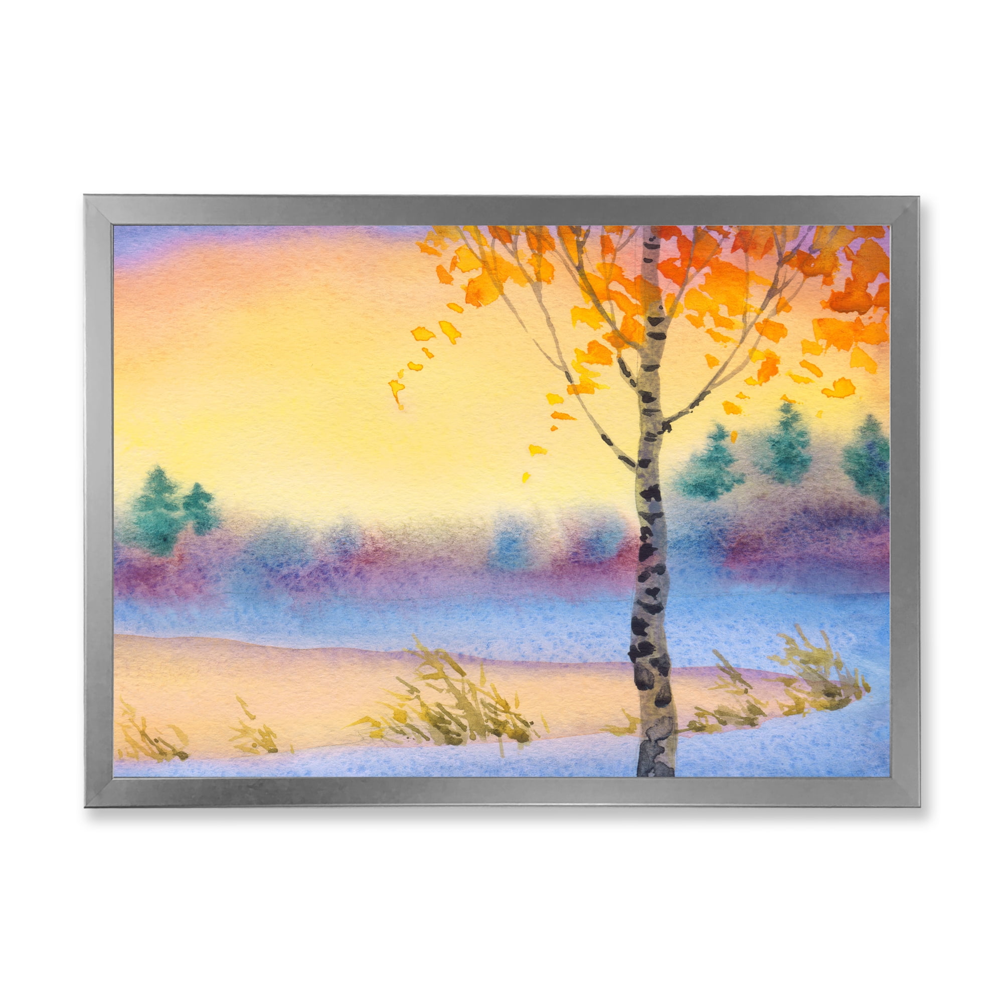 Designart 'Evening Sky Over Lake Winter Landscape' Traditional Framed Art Print