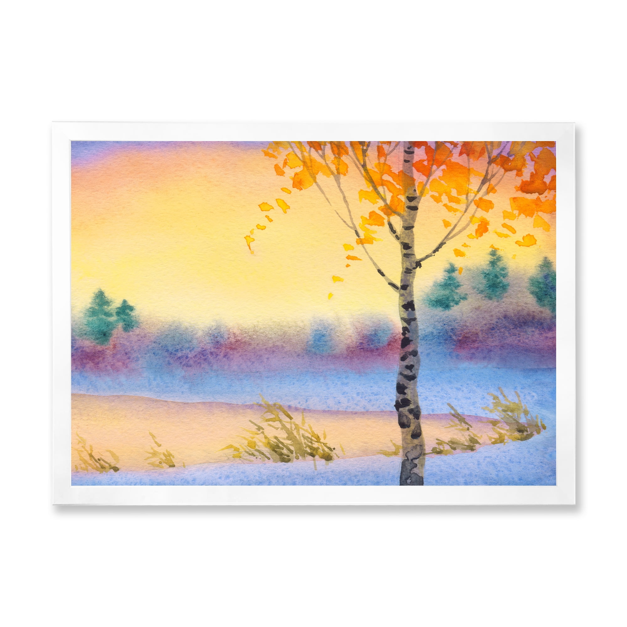 Designart 'Evening Sky Over Lake Winter Landscape' Traditional Framed Art Print
