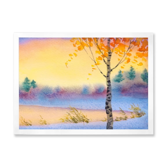 Designart 'Evening Sky Over Lake Winter Landscape' Traditional Framed Art Print