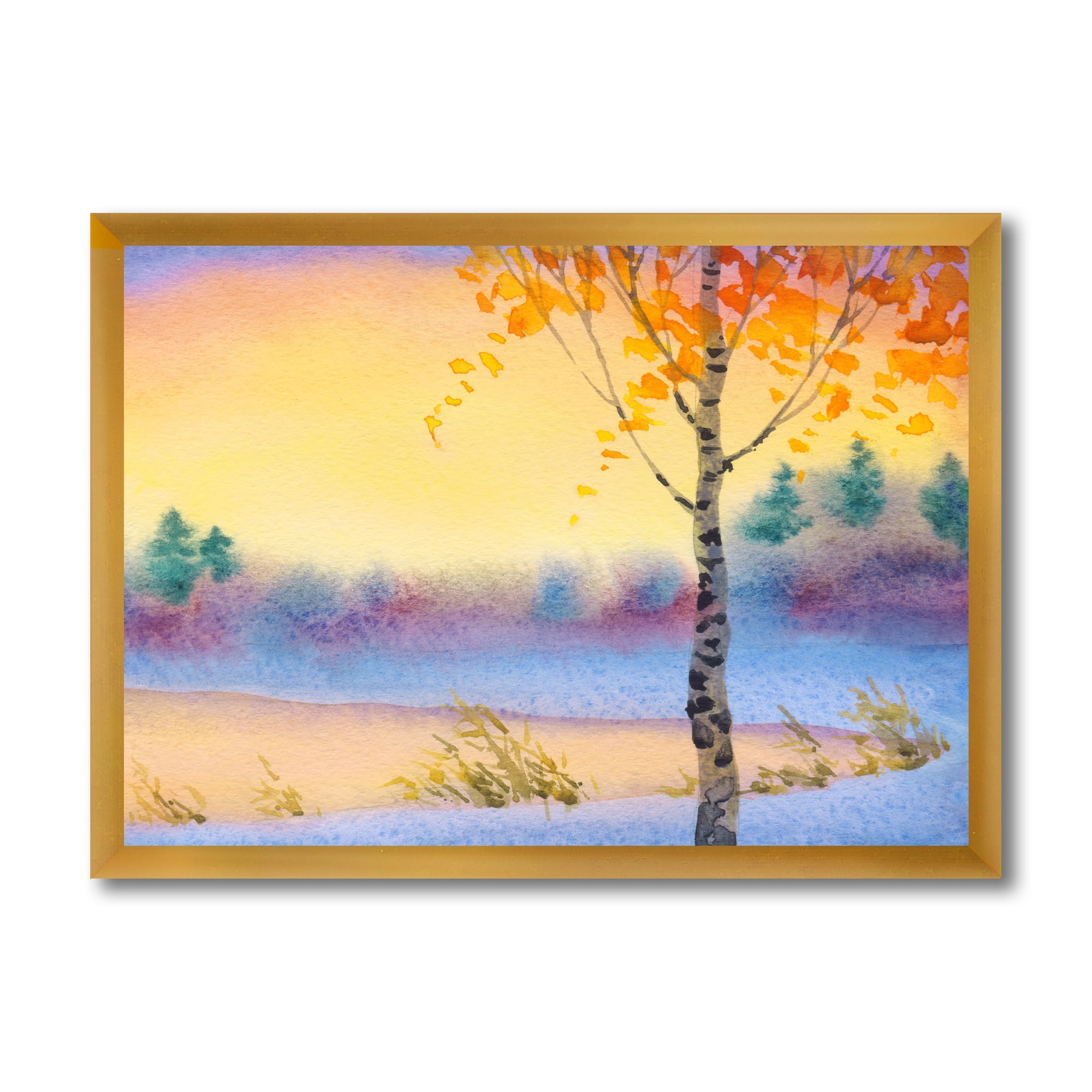 Designart 'Evening Sky Over Lake Winter Landscape' Traditional Framed Art Print