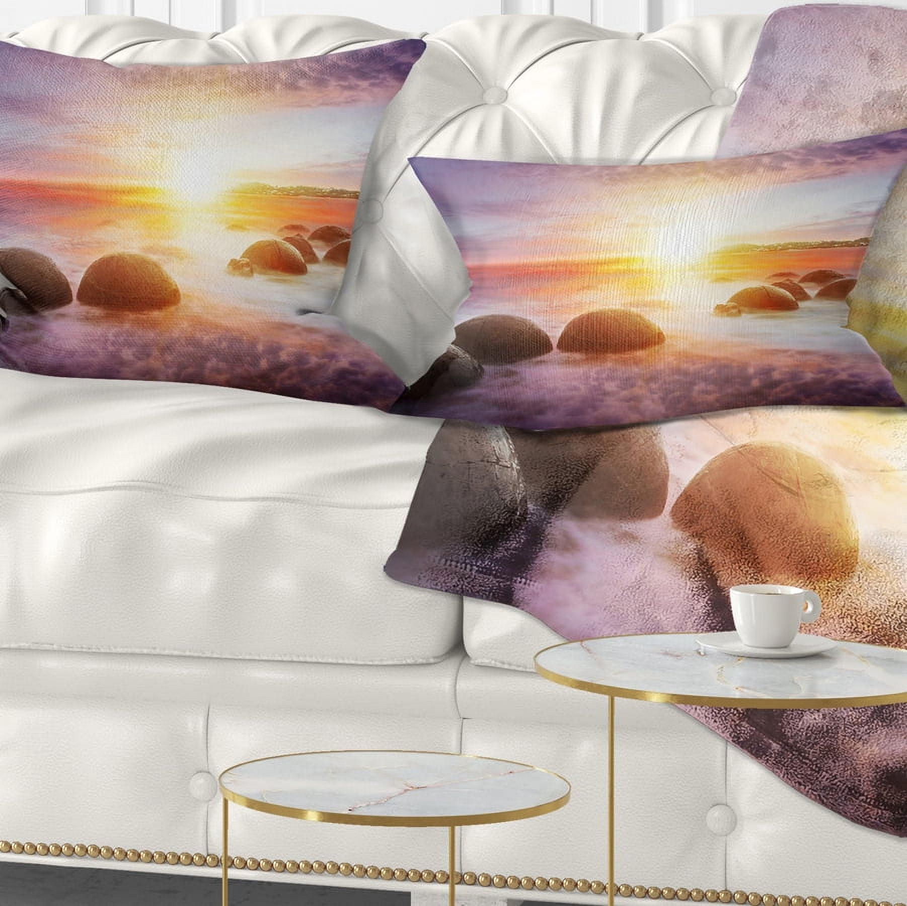 Designart Evening Sun Over Moeraki Boulders - Seashore Photo Throw Pillow - 12x20