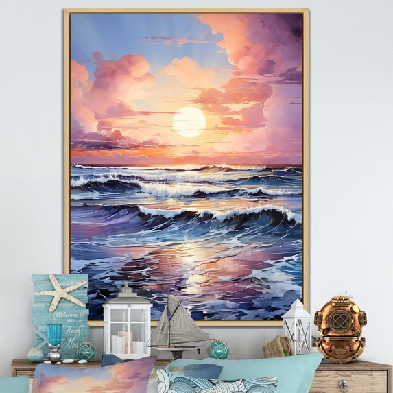 Designart "Evening Sunset Tide in Yellow Hues I" Coastal Framed Wall Art - Coastal Yellow Coastal Sunset Hallway Framed Wall Art Decor